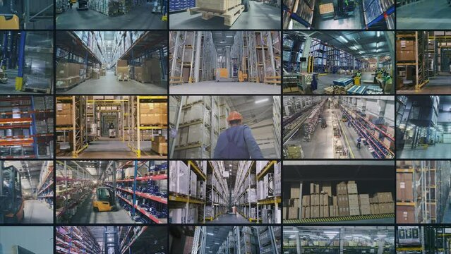 Warehouse at the factory multiscreen video. Modern warehouse in a factory. Videos opener production. Modern warehouse collage. Multiscreen video work in a large warehouse. industry opener