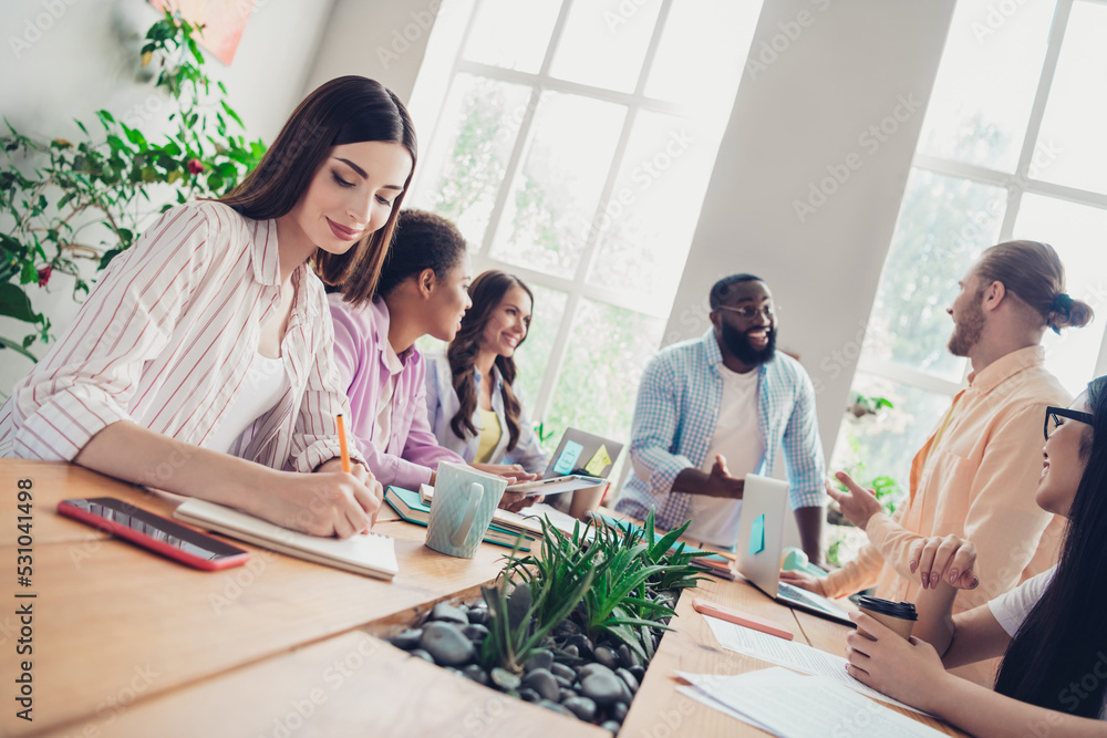 Sticker Photo of busy pretty businesspeople listening lecturer writing notes indoors workplace workshop loft