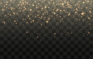 Luminous magical dust, dusty shine. Flying particles of light. Christmas light effect. Sparkling particles of fairy dust glow in the dark. Vector illustration on png.