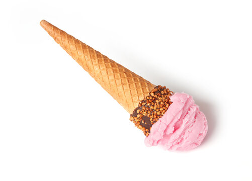 Pink ice cream cone on white background