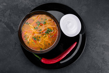 Chicken soup with noodles top view