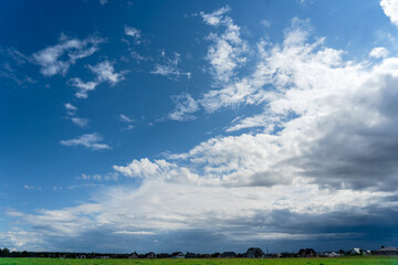 Fototapeta na wymiar Photo of the clear blue sky with white clouds above countryside