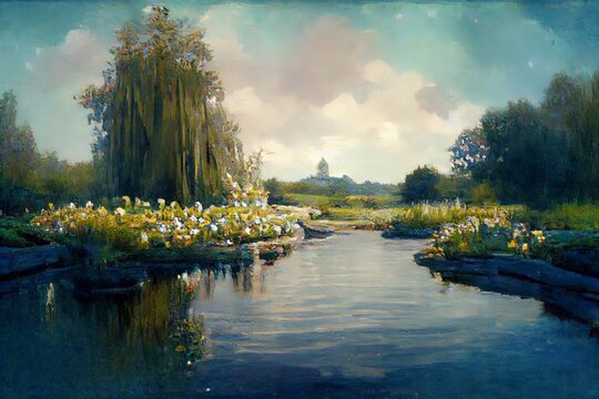 A digital oil style painting of Monets garden and water lillies