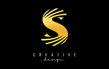 Golden letter S logo with leading lines and negative space design. Letter with geometric and creative cuts concept.