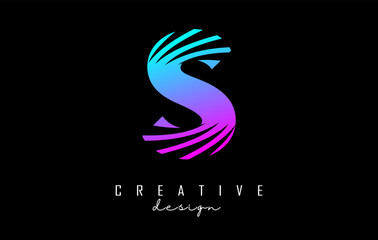 Colorful letter S logo with leading lines and negative space design. Letter with geometric and creative cuts concept.