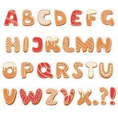 Gingerbread alphabet. christmas cookies and biscuit letters for xmas holiday message. Dessert typography and holidays decoration isolated on white background. Happy New Year figures decorated glaze.