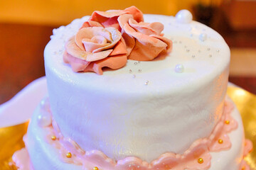 Beautiful fresh wedding cake. Tasty wedding event