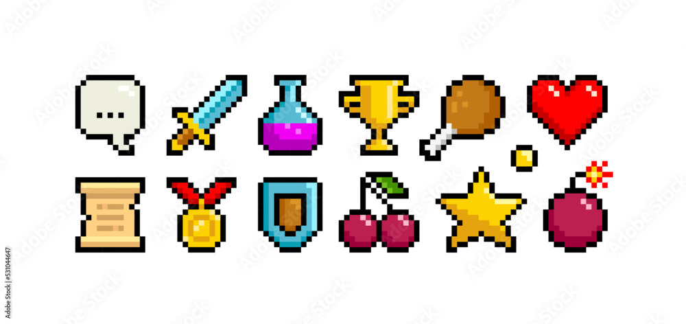 Poster 8-bt game pixel objects set - editable vector. retro game loot icons in 8 bit style. pixel graphic p
