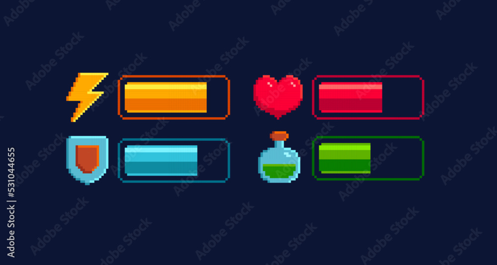 Poster 8-bit pixel art load scale icon set. health and battery charge bar. energy, armor, health and mana i