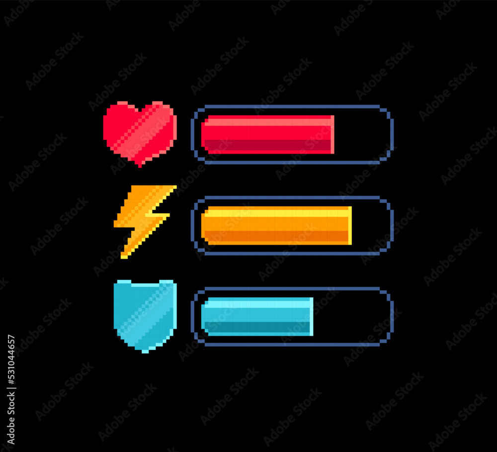 Poster pixel art energy load scale icon set. health and battery charge bar. energy, armor, health icon set 