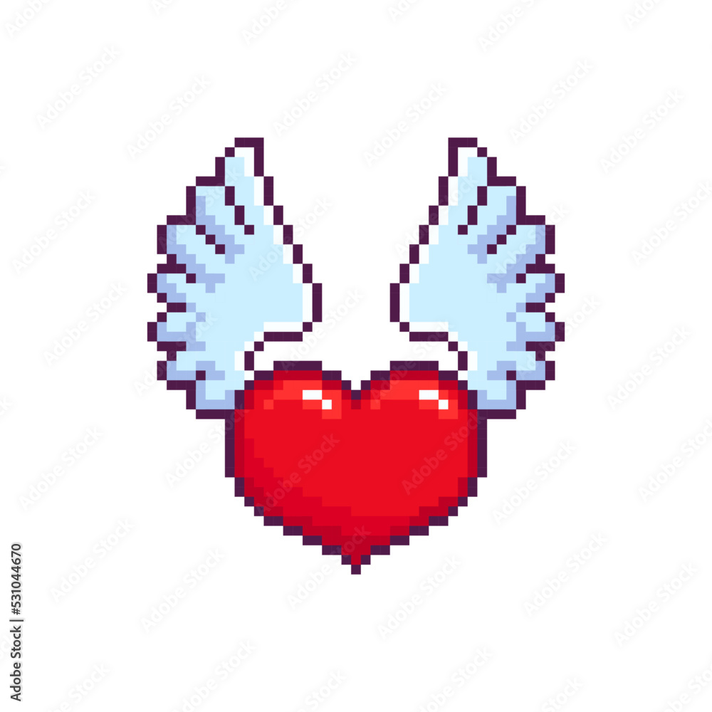 Aufkleber pixel art heart with wings - isolated vector. 8-bit pixel heart sign in retro video game style. simp