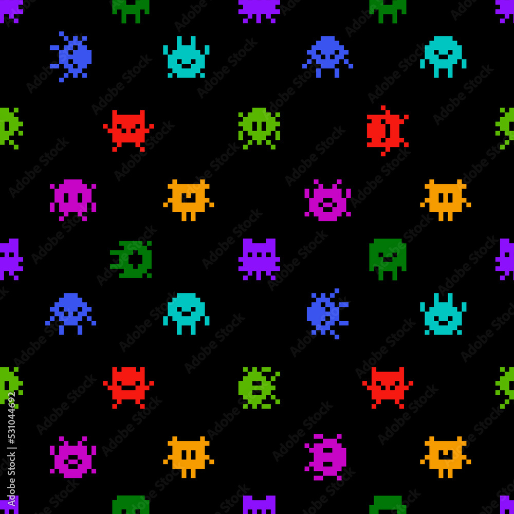 Poster funny pixel monsters - vector seamless pattern. abstract colorful monsters on black background in 8-