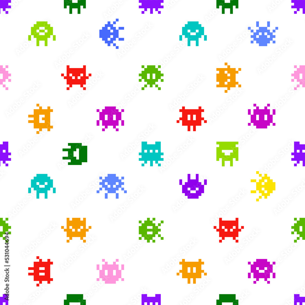 Aufkleber funny pixel monsters - vector seamless pattern. simple colorful monsters on white background in 8-bi