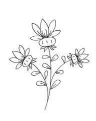 Outline flower with black thin line, floral design element, decorative line art illustration.