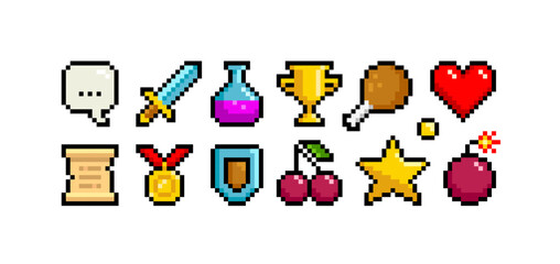 8-bt game pixel objects set - editable vector. Retro game loot icons in 8 bit style.  Pixel graphic prize signs and symbols. Pixel heart, tropy cup, bomb, cherry, chest, star, food, scroll, medal, etc - obrazy, fototapety, plakaty