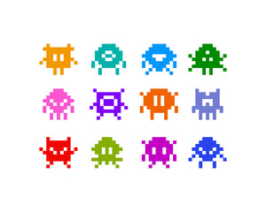 Obraz na płótnie Canvas Funny Pixel Monsters vector collection. Abstrcat colorful monsters on white background in 8-bit retro pixel game style. Vintage video game elements for print fabric and backdrop design