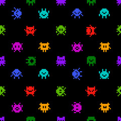 Fototapeta na wymiar Funny Pixel Monsters - vector seamless pattern. Abstract colorful monsters on black background in 8-bit retro pixel game style. Vintage video game seamless pattern for print fabric and backdrop design