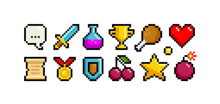 8-bt game pixel objects set - editable vector. Retro game loot icons in 8 bit style.  Pixel graphic prize signs and symbols. Pixel heart, tropy cup, bomb, cherry, chest, star, food, scroll, medal, etc