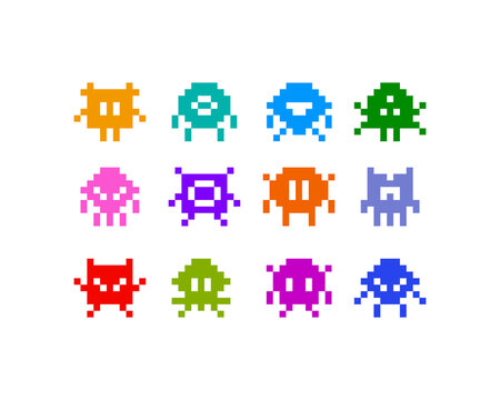 Funny Pixel Monsters vector collection. Abstrcat colorful monsters on white background in 8-bit retro pixel game style. Vintage video game elements for print fabric and backdrop design