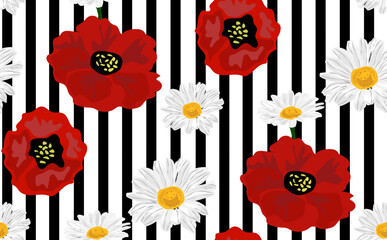 Obraz premium Poppy and chamomile flowers on black and white geometric background. Seamless pattern. Vector illustration.