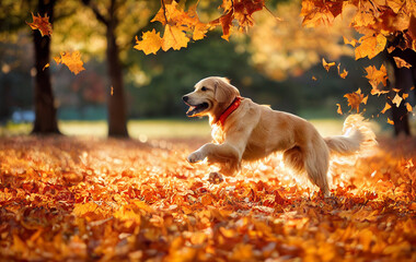 Golden retriever playing in fall leaves, digital art - obrazy, fototapety, plakaty