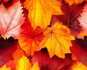 Naklejka na ściany i meble Red and orange autumn leaves background. Outdoor. Colorful backround image of fallen autumn leaves perfect for seasonal use. Space for text.