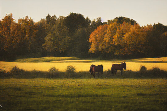 Horses on yellow fall field, digital art