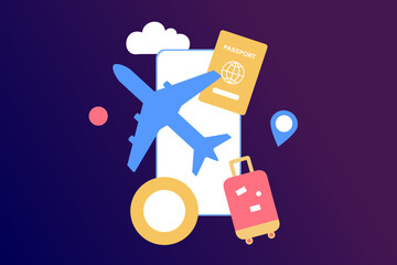 Traveling on airplane, planning for tourism on summer vacation concept. Business trip with passport and travel bag. Online ticket, travel booking and service concept.  Minimalist vector illustration
