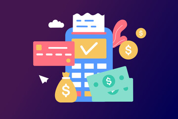 Bill payment with credit card for online shopping. Concept of payment processing, financial transactions, transfer, bank card, e-wallet for buying process, monetary currencies. Vector illustration.