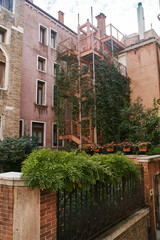 Fototapeta na wymiar Beautiful courtyard with lots of greenery in Venice, Italy. High quality photo