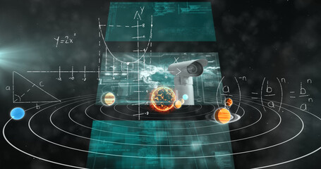 Image of screens with data processing over equations and solar system © vectorfusionart