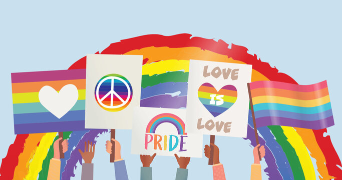 Image of lgbtq demonstration posters and rainbow flags over rainbow