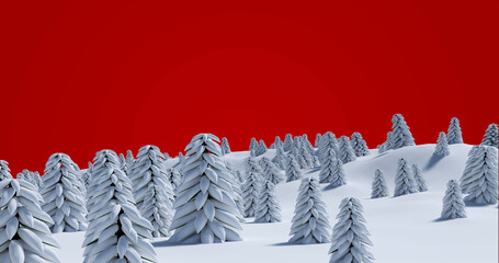Image of snow falling over fir trees on red background