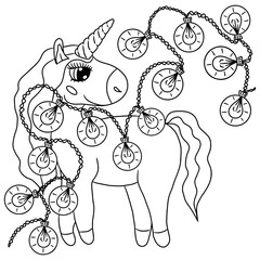 Festive unicorn for new year or Christmas coloring book