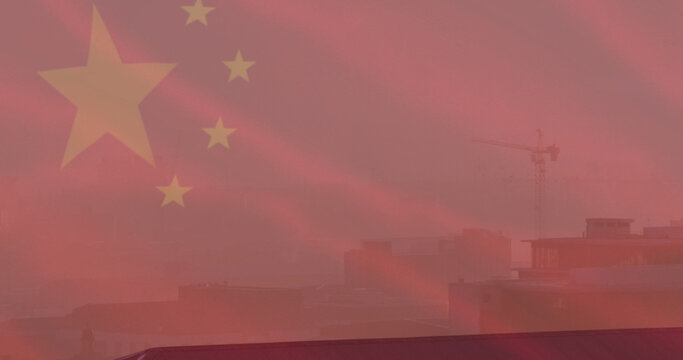 Image of flag of china over cityscape