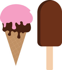 Two Ice cream with a waffle tube on a white background with pink icing. Vector illustration.
