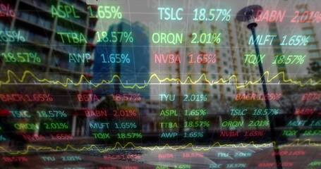 Image of social media icons and financial data processing over cityscape