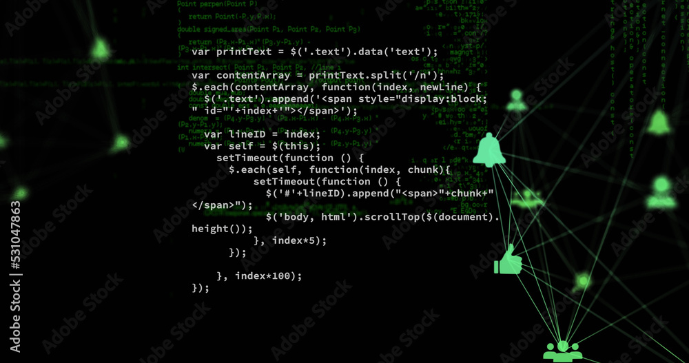 Poster image of data processing and media icons on black background
