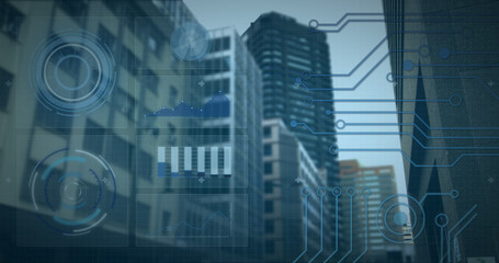 Image of data processing over cityscape