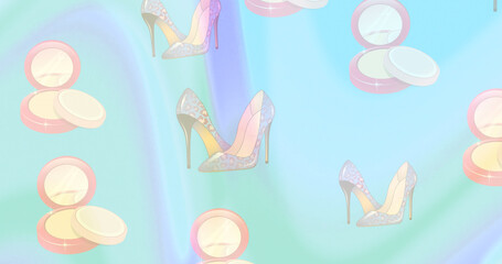 Image of falling shoes and over blue stripes background