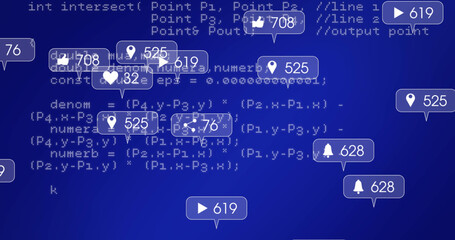 Image of data processing and media icons on blue background