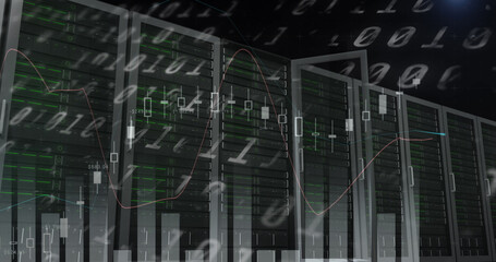 Image of data processing and diagram over server room