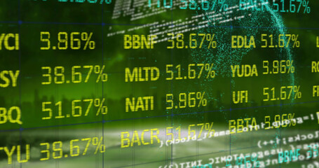 Image of data processing and stock market over cityscape