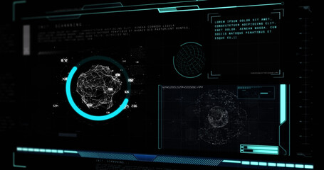 Image of data processing and globe on black background