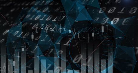 Image of data processing and diagrams on black background