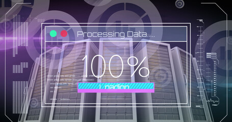 Image of data processing and media icons over server room