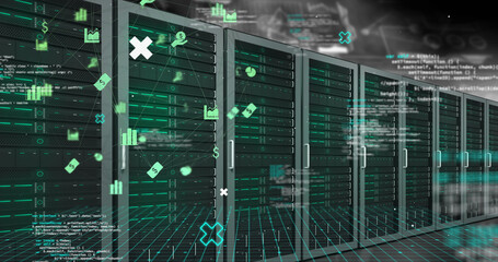 Image of data processing and media icons over server room