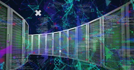 Image of data processing and shapes over server room