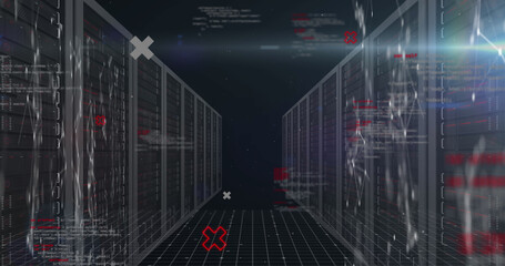 Image of data processing and shapes over server room