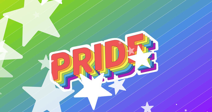 Image of pride and stars over rainbow background